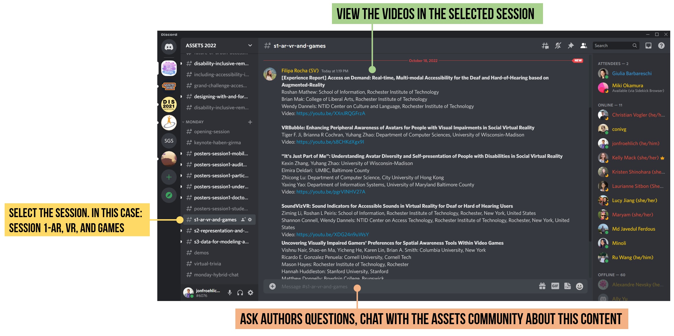 A screenshot of Discord showing how to select a channel, view videos, and chat.